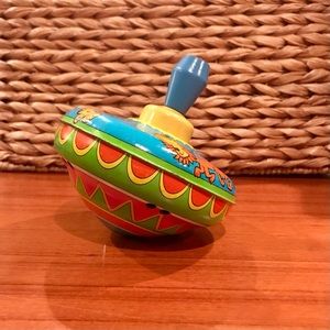 Vintage Metal/Tin Spinning Top w/ Colorful Cartoon Animals & Patterns—Works!